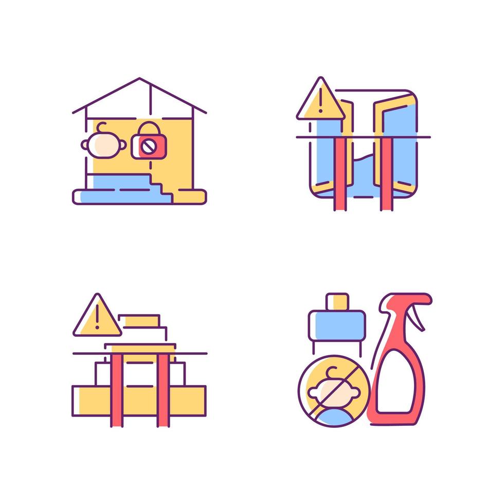 Safety precaution at home RGB color icons set. Falling and poisoning prevention. Keep chemical away from kids. Child security. Isolated vector illustrations. Simple filled line drawings collection