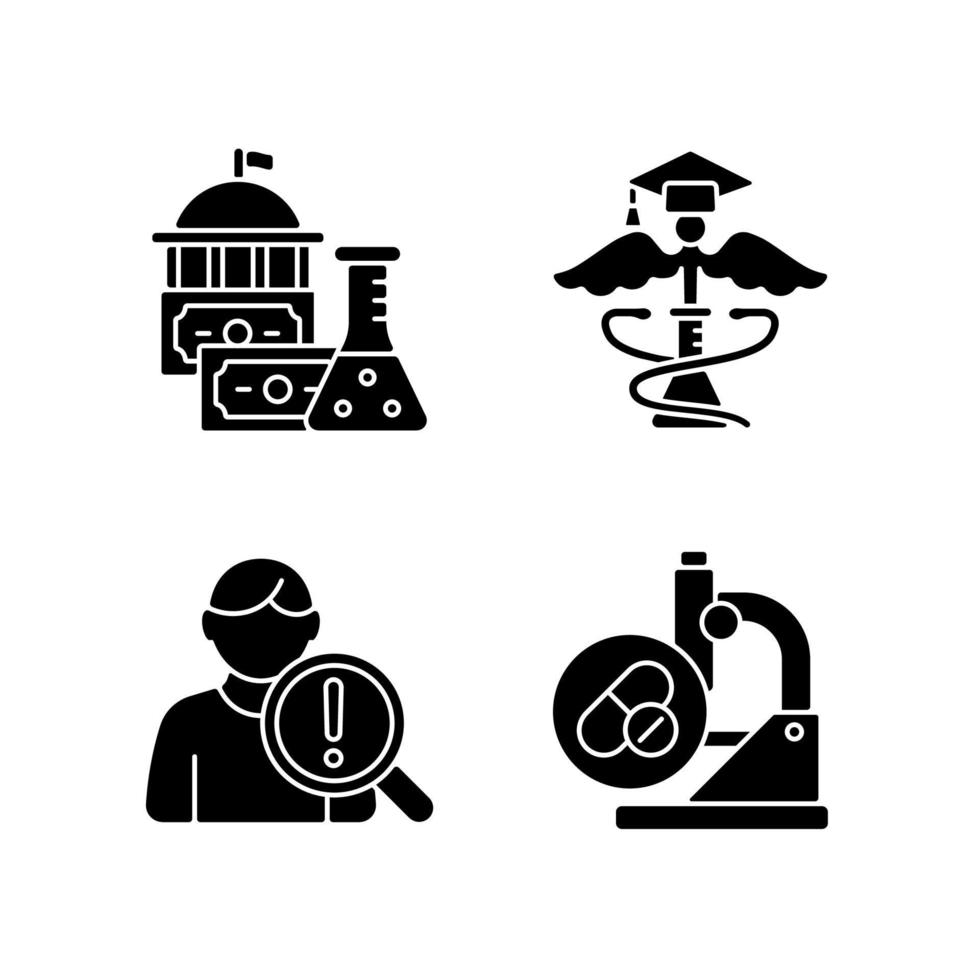 Experimental medicine black glyph icons set on white space. Government funding. Medical school. Studying risk factors. Testing new medications. Silhouette symbols. Vector isolated illustration