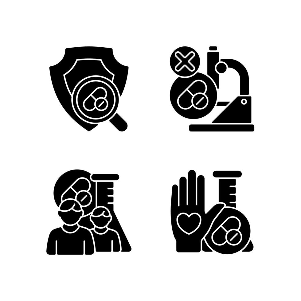 Clinical research facility black glyph icons set on white space. Failed project. MAMS approach. Human volunteer. Checking safety of new drugs. Silhouette symbols. Vector isolated illustration