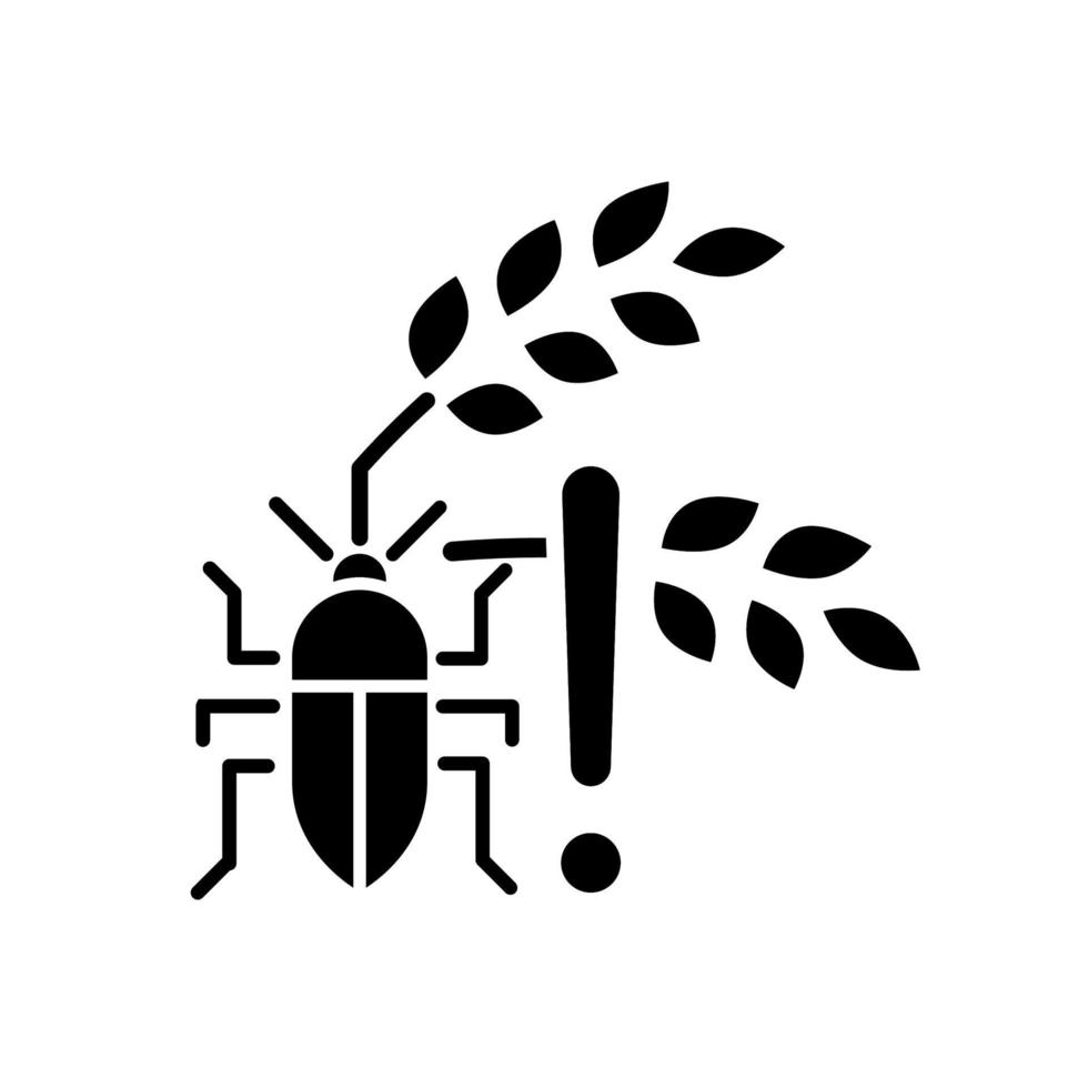 Pests danger black glyph icon. Insects and diseases damage harvest. Hunger and starvation reason. Farming problem. Food insecurity. Silhouette symbol on white space. Vector isolated illustration
