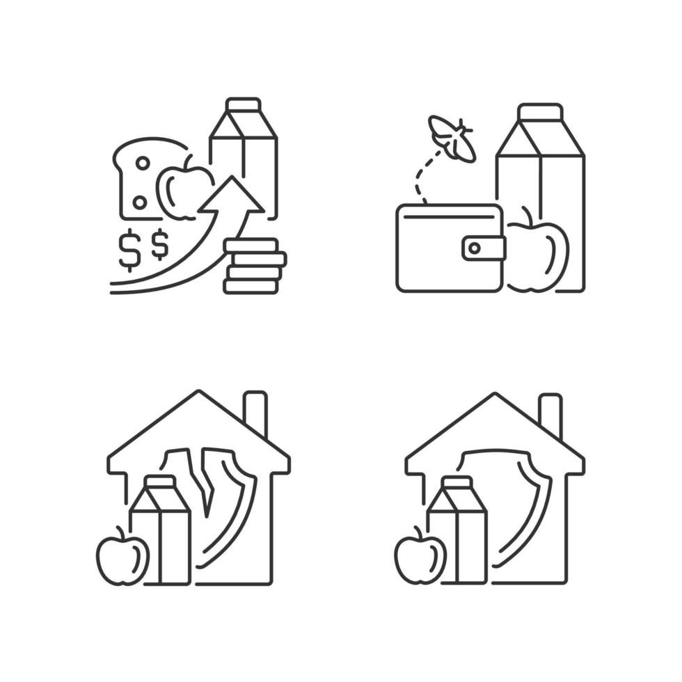 Poverty and hunger linear icons set. Increased prices. Food insecurity. Household nutrition security. Customizable thin line contour symbols. Isolated vector outline illustrations. Editable stroke