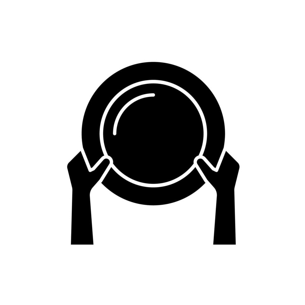 Asking for food black glyph icon. Poverty and starvation. Lack of nutrition. Poor population that suffers from hunger. Food insecurity. Silhouette symbol on white space. Vector isolated illustration