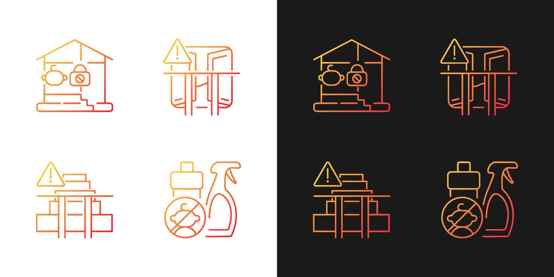 Safety precaution at home gradient icons set for dark and light mode. Falling prevention. Thin line contour symbols bundle. Isolated vector outline illustrations collection on black and white