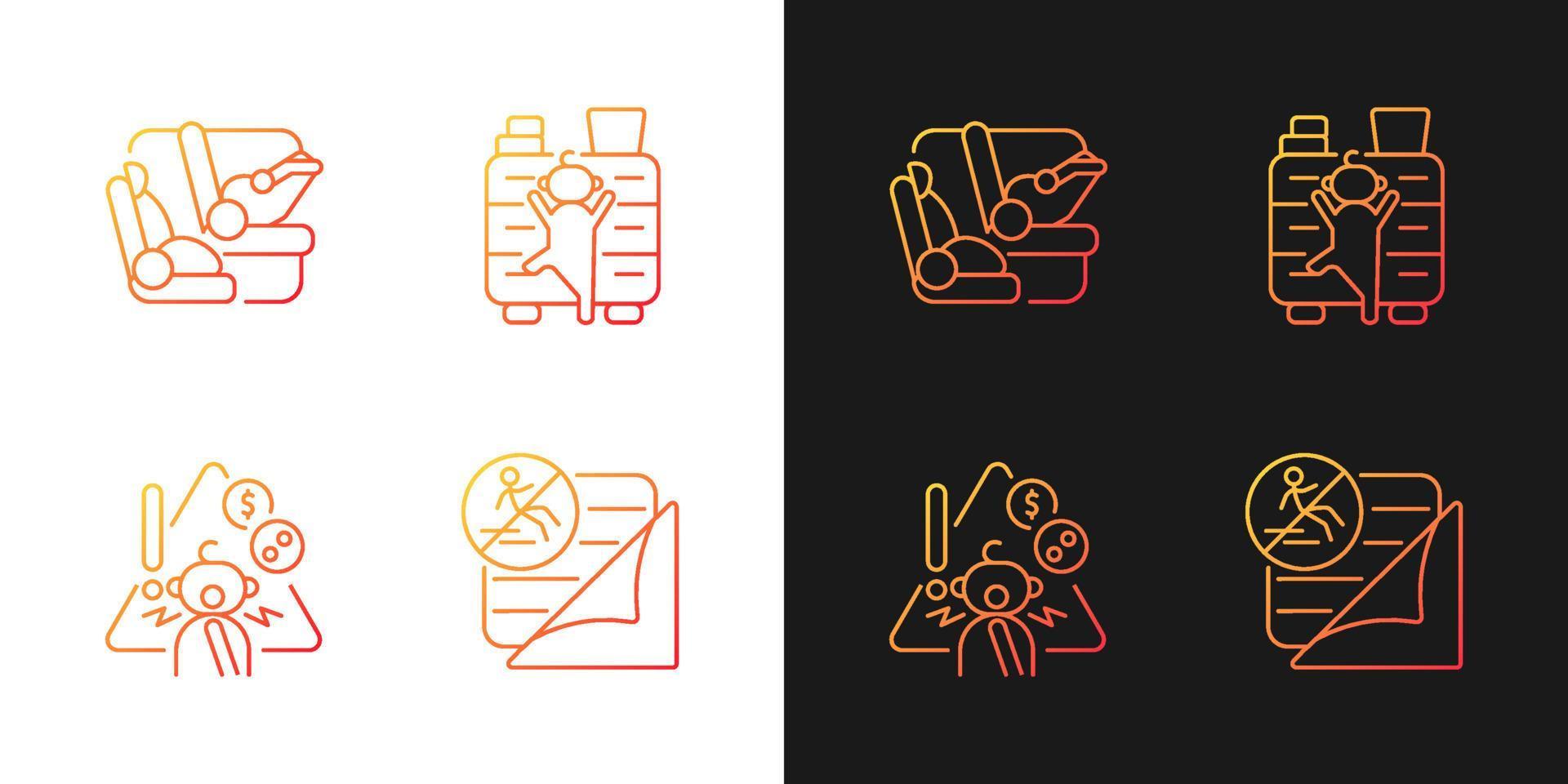 Accidents prevention gradient icons set for dark and light mode. Falling and choking precaution. Thin line contour symbols bundle. Isolated vector outline illustrations collection on black and white