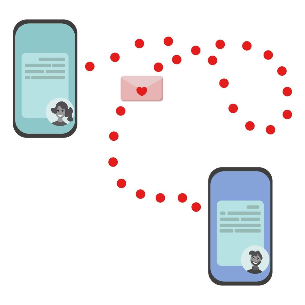 Virtual love, two phones with romantic correspondence between them, a photo of a girl and a guy, communication between a couple at a distance vector