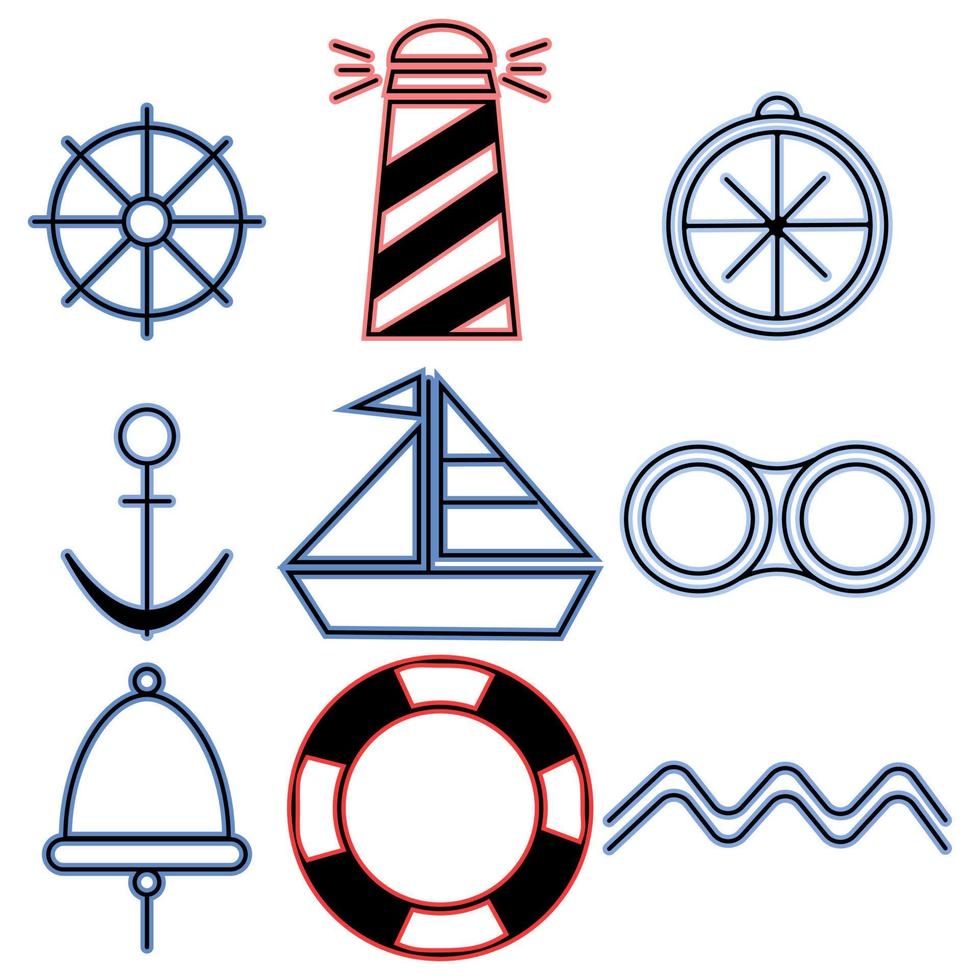 Nautical icons set, Linear clipart on the marine theme for design vector