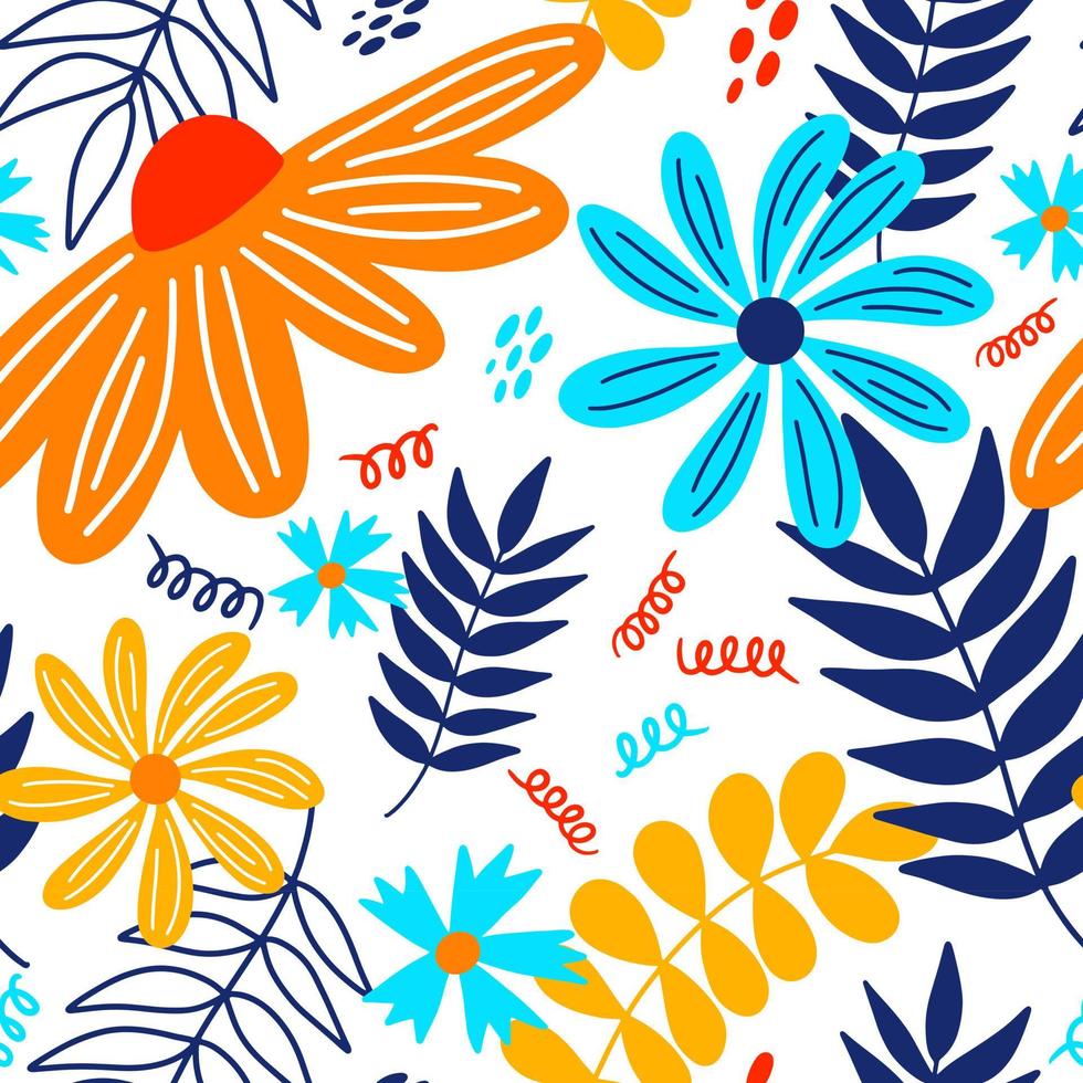 Vector hand drawn summer floral seamless pattern isolated on white background. Doodle leaves and flowers. Cartoon tropical background for wedding design, wrapping, textiles, ornate and greeting cards
