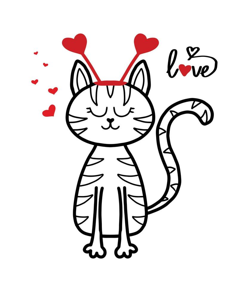 ilustración vectorial de un lindo gato atigrado para el día de san valentín. tarjeta del día de san valentín. ilustración infantil de un gato al estilo garabato. vector