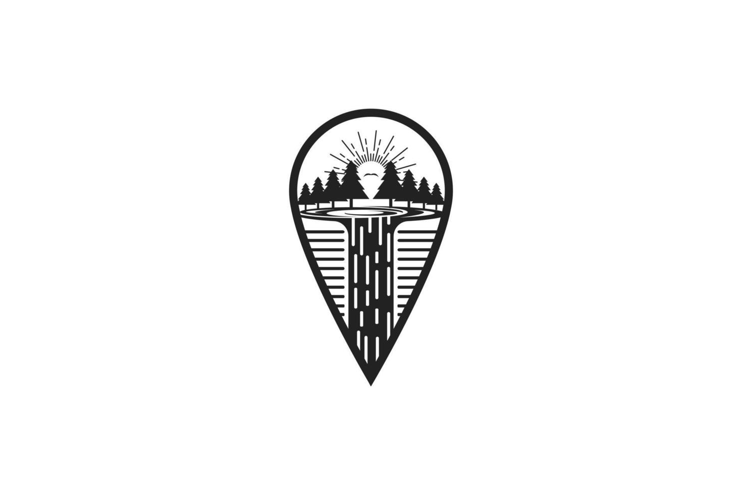 Waterfall Location Logo. adventure waterfall location map vector