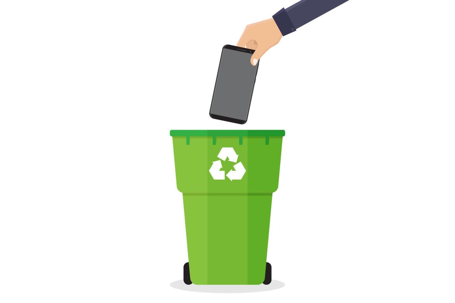 Hand throw broken smart phone to recycling bin vector