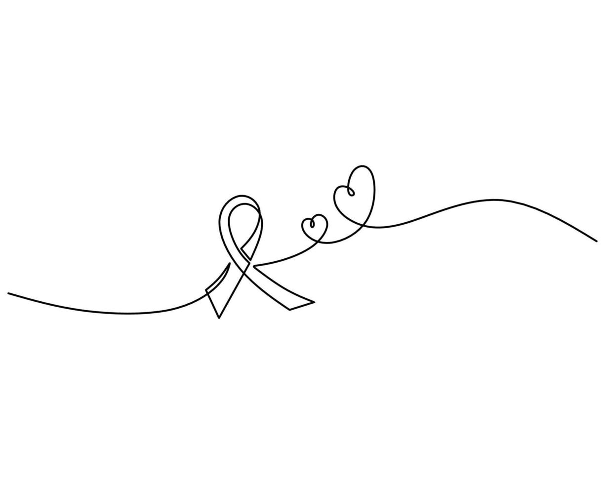 una sola línea continua, dos corazones y una cinta para el día mundial contra el cáncer vector