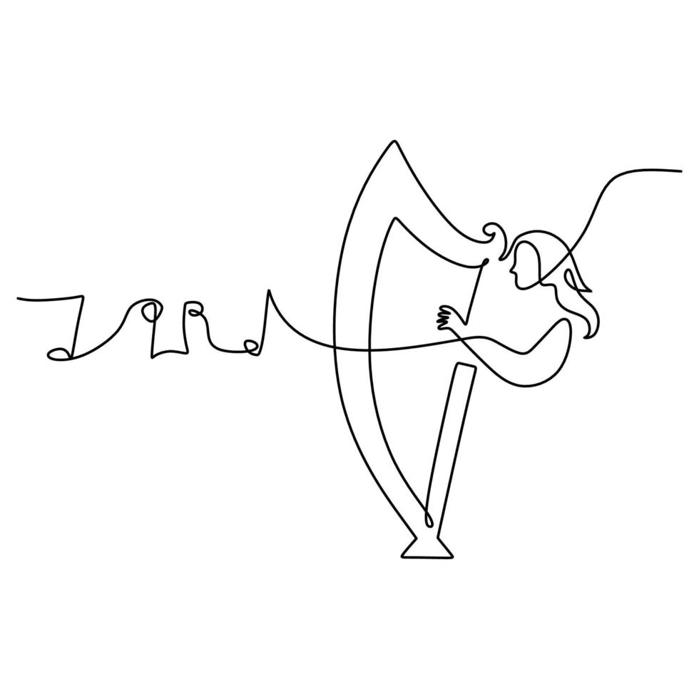 One single continuous line of girl playing harp vector