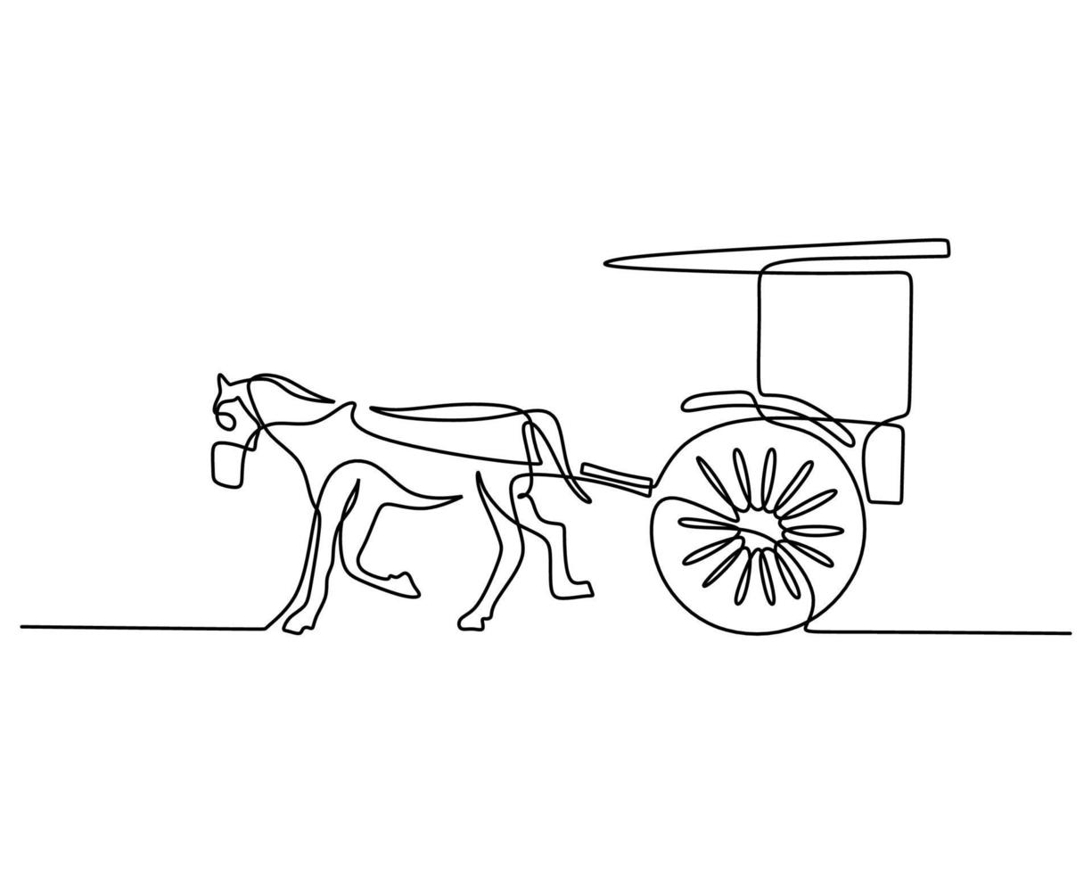 One single continuous line of wagon carriage with horse pulling it vector