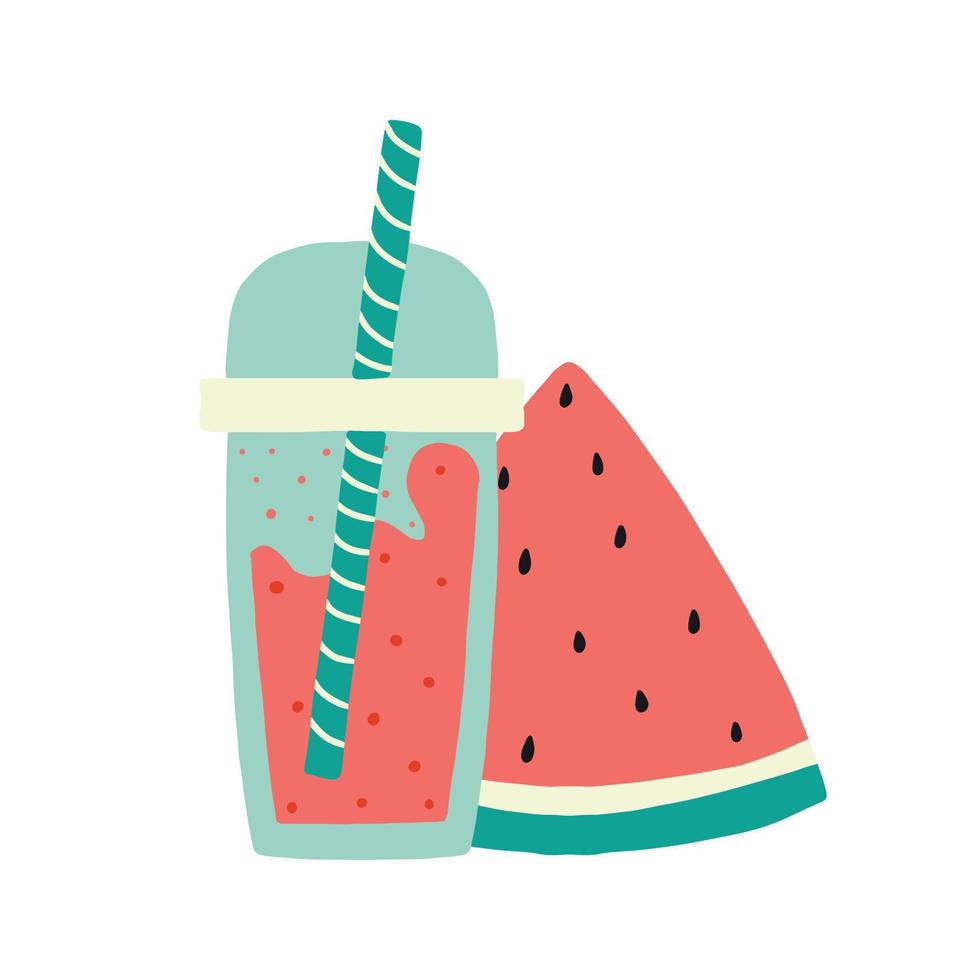 Vector illustration of a juicy watermelon slice and a glass of watermelon smoothie. Watermelon smoothie concept.