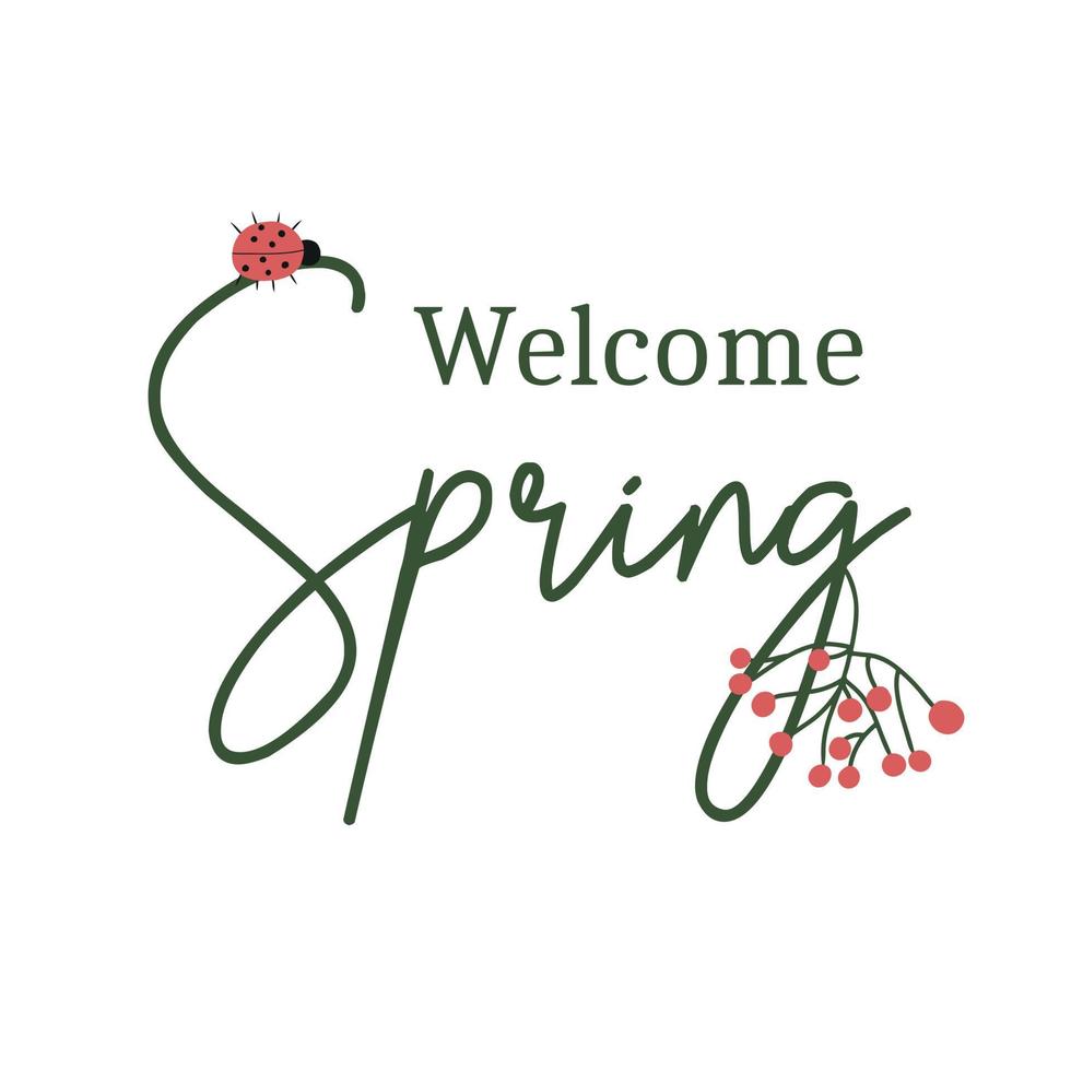 Vector illustration of spring lettering with cute ladybug. Spring postcard.