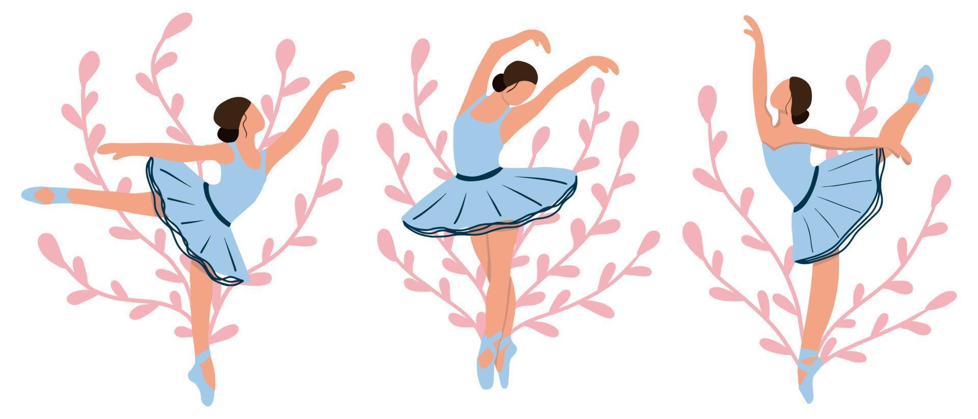 Vector set of elegant ballerina in a blue tutu dress dancing on pointe. Female beautiful classic theater dancer character on isolated background. Ballet dancer illustration