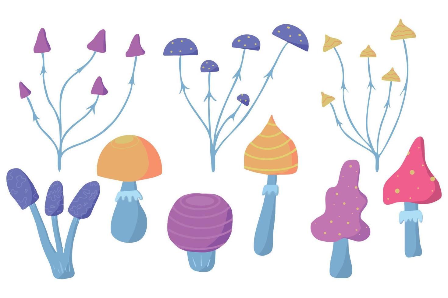 Vector hand drawn set of mushrooms. Set of fabulous bright mushrooms.