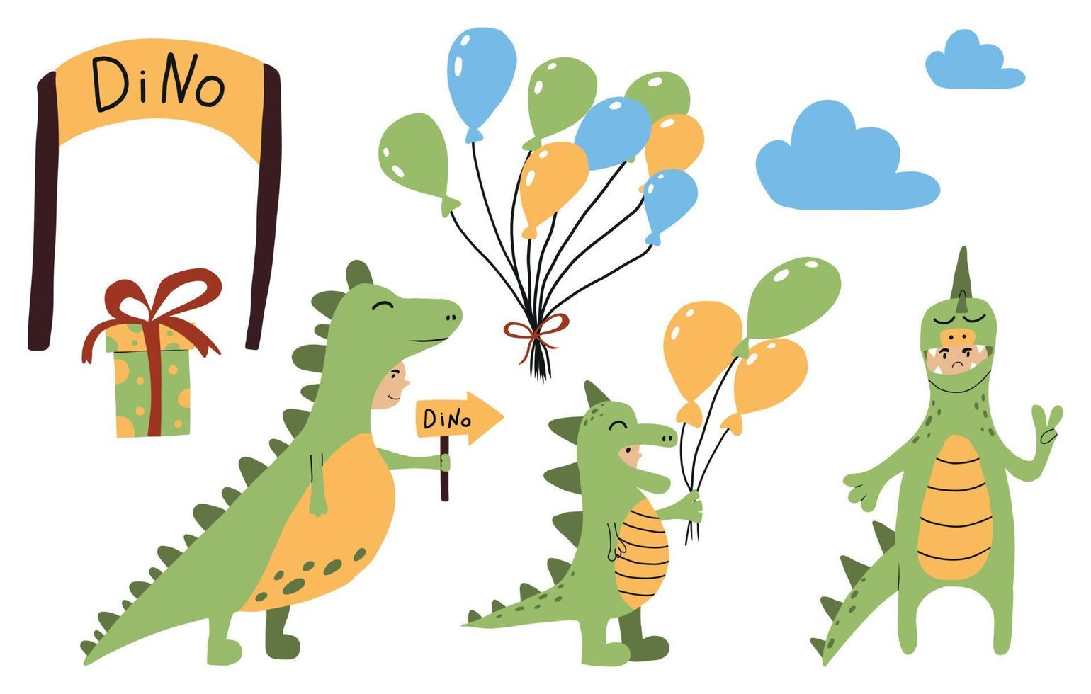 Vector set of children in dinosaur costumes. Dinopark illustrations set.