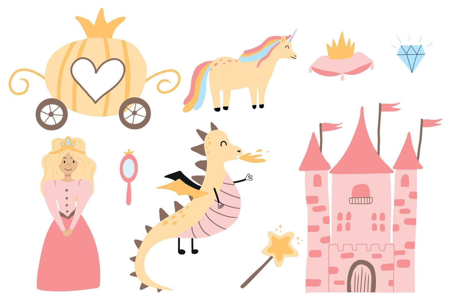 Princess Set. Fairy kingdom , unicorn, dragon, castles, carriage. Vector illustration in cartoon scandinavian style. Perfect for invitations, cards textile prints