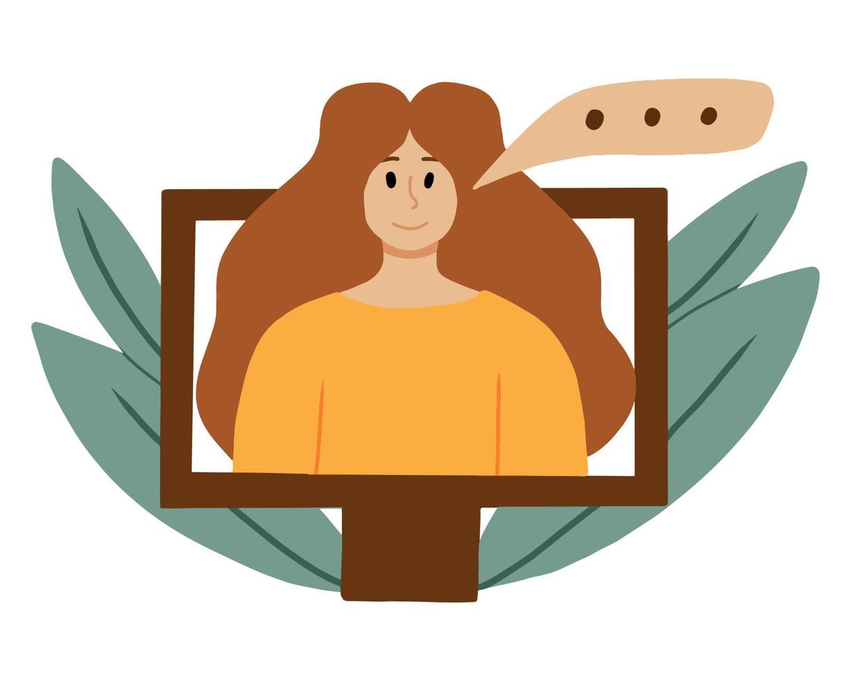 ilustración vectorial servicio de apoyo y ayuda psicológica en línea. concepto de terapia en línea. concepto de asesoramiento psicológico. chica psicóloga en el teléfono. vector