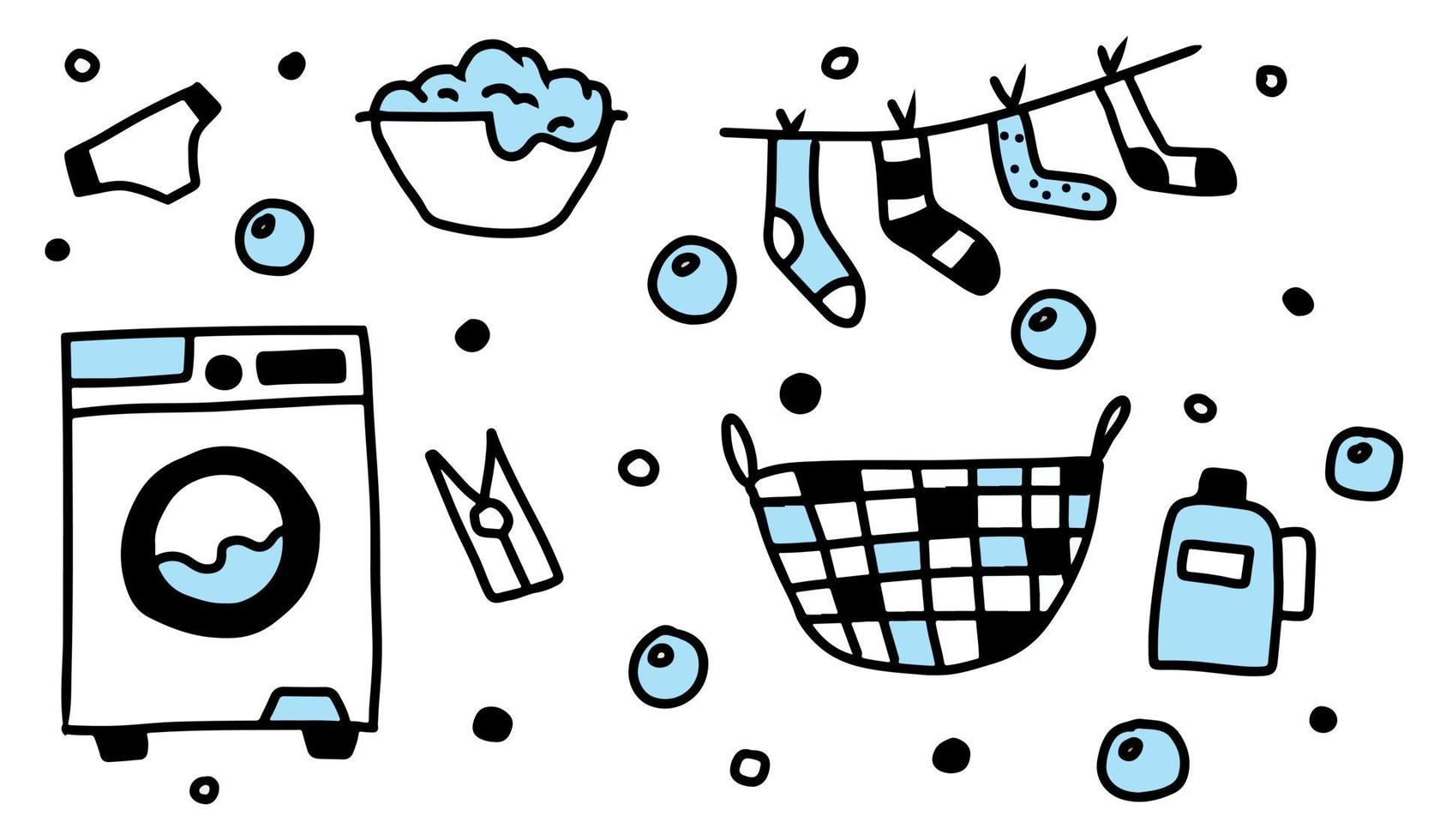 Hand-drawn set of elements for home washing.Laundry icon set. vector