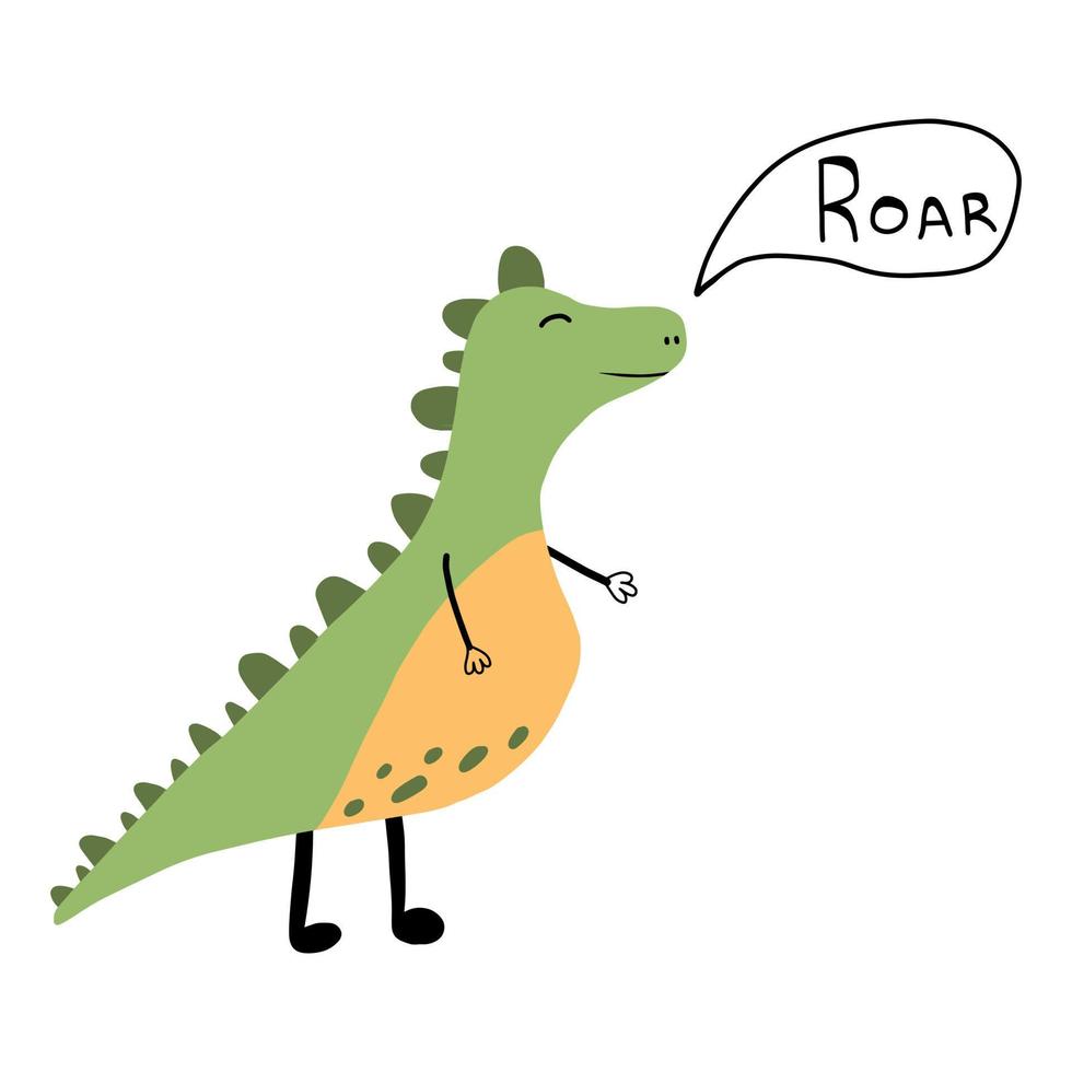 Vector illustration of cute dinosaur. Green roaring dinosaur.