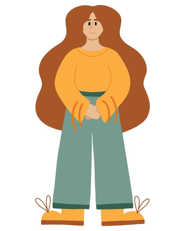 Vector illustration of a girl with a sick belly. Stomach ache concept.