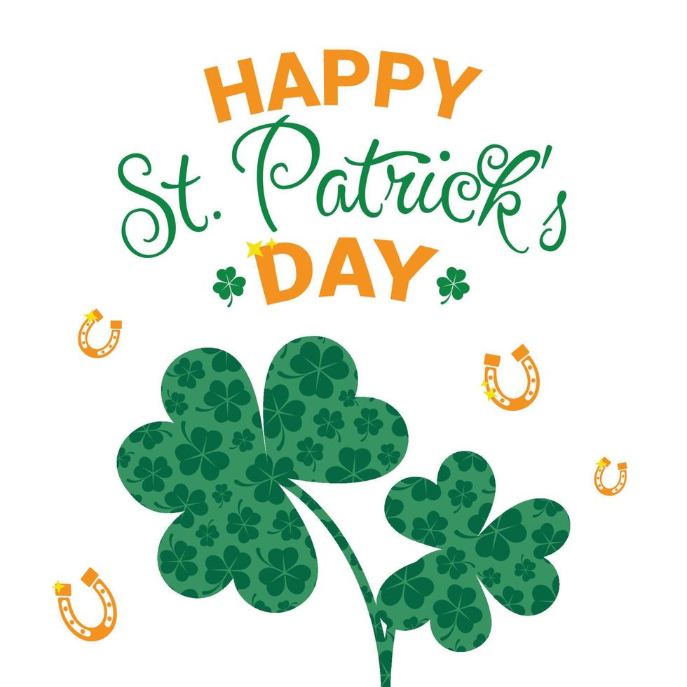 tarjeta de felicitación con hojas de trébol, herraduras y texto feliz día de san patricio vector