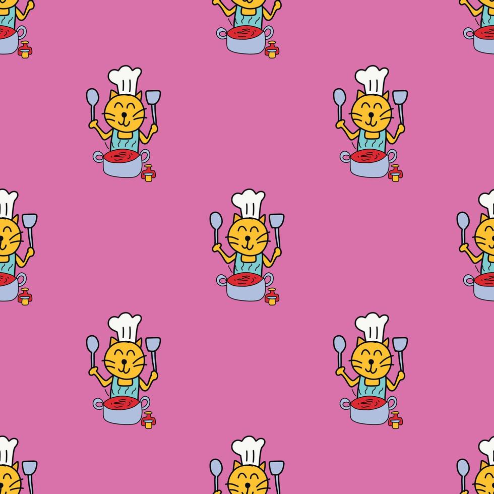 Seamless pattern of hand drawing cute yellow cat cooking on pink background. vector