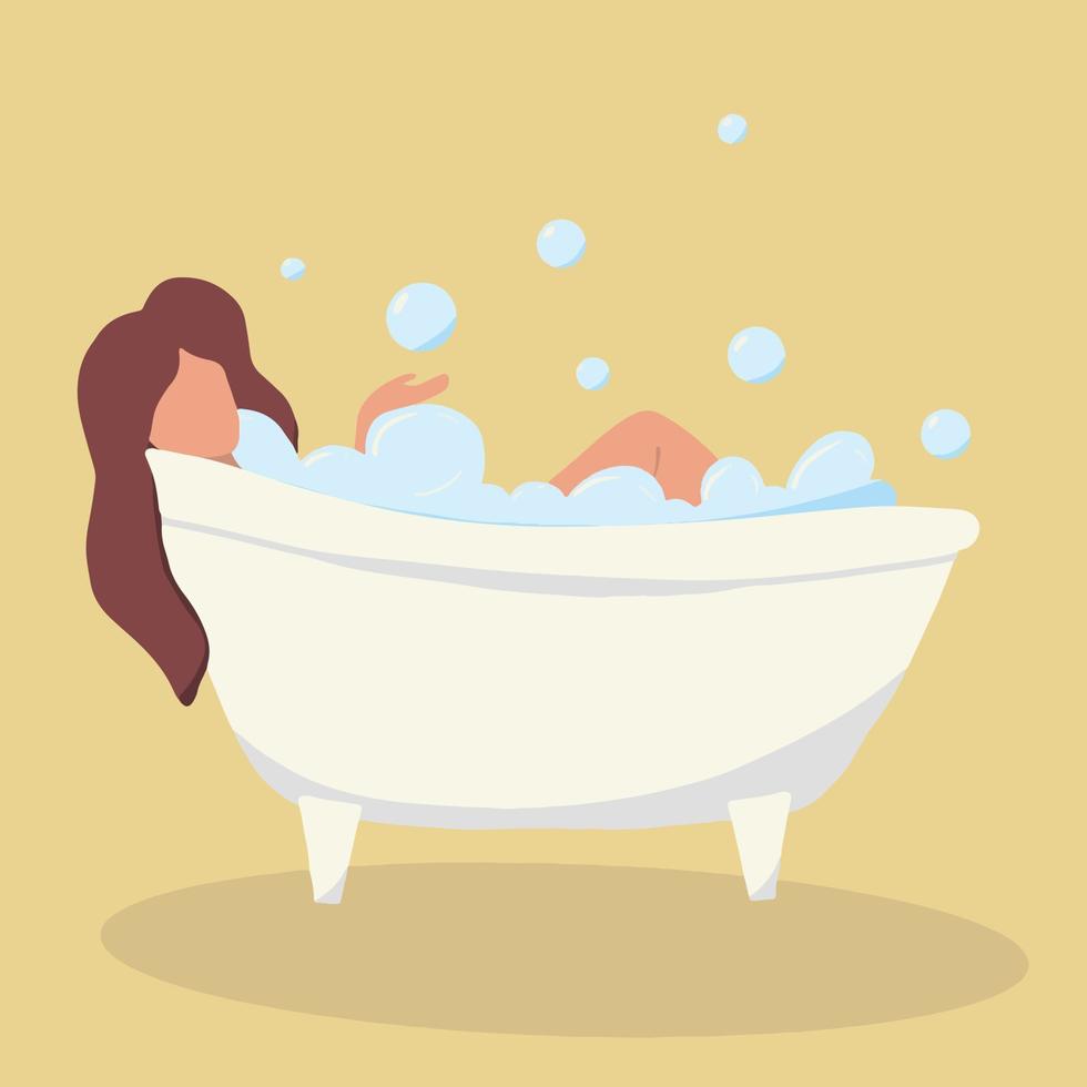 Hand-drawn illustration of a girl in the bathroom. A woman is resting in bathtub with foam. vector