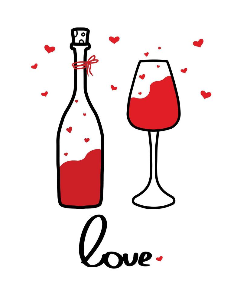 cartel de vector con una botella y una copa de vino. lindo cartel de vino para el día de san valentín. estilo garabato. cartel minimalista.