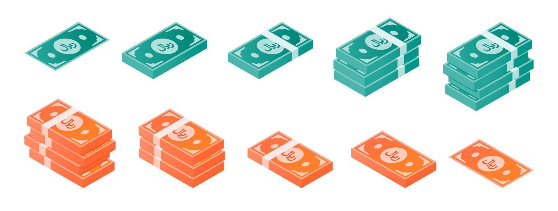 Saudi Riyal Banknote Isometric Icon Set vector