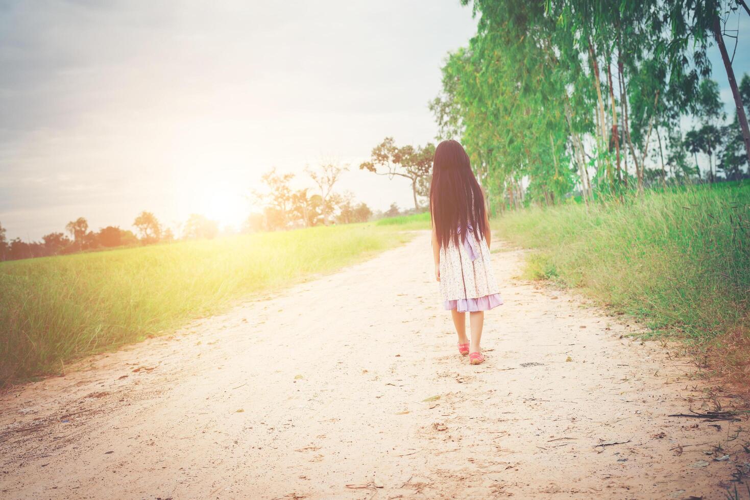 una niña pequeña con el pelo largo vestido se aleja de ti por un camino rural. foto