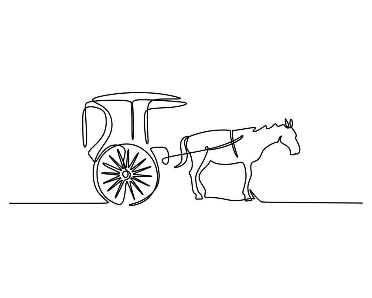 One single continuous line of wagon carriage with horse pulling it vector