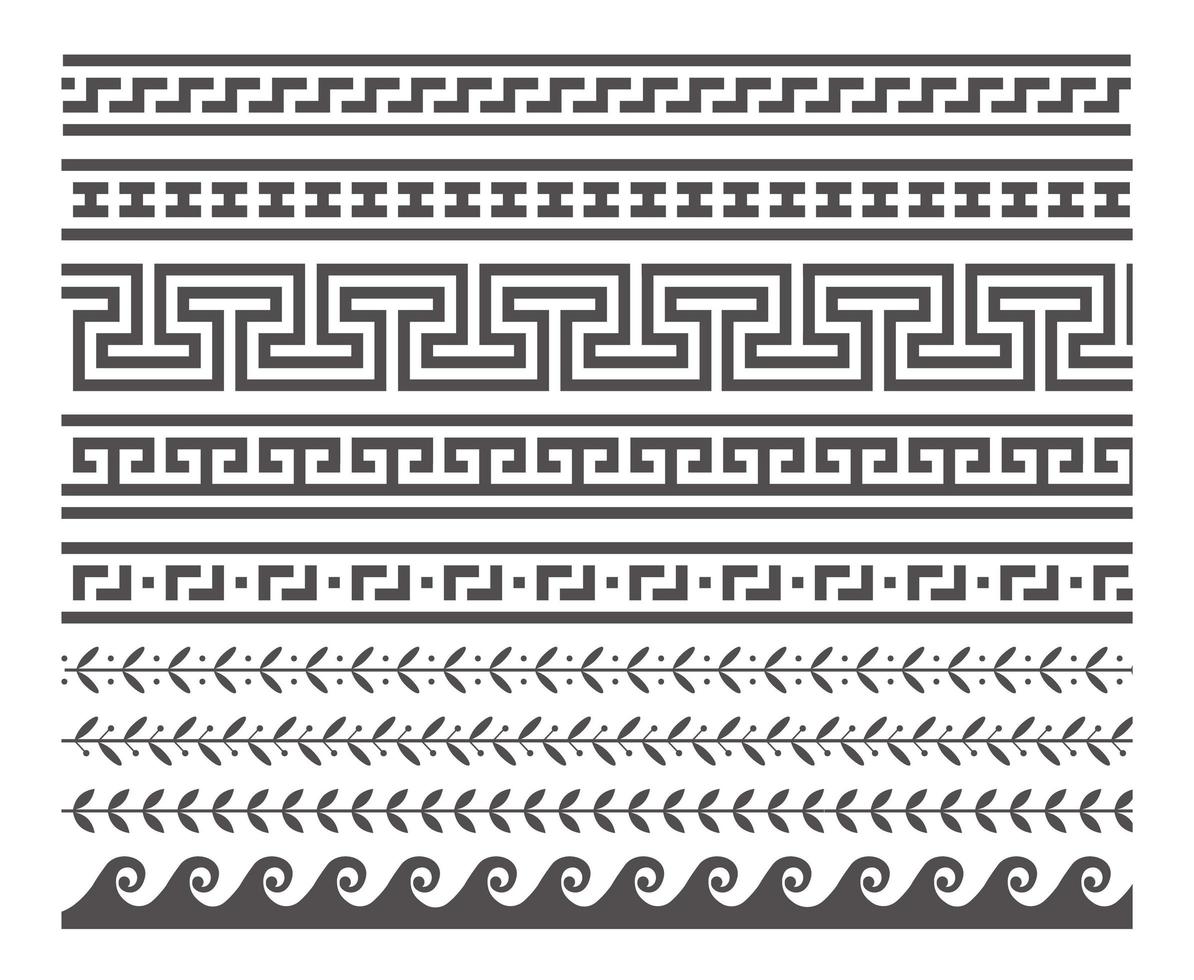 Greek style seamless frames. Geometric border set. Vector ornament pattern. Mediterranean decor elements.