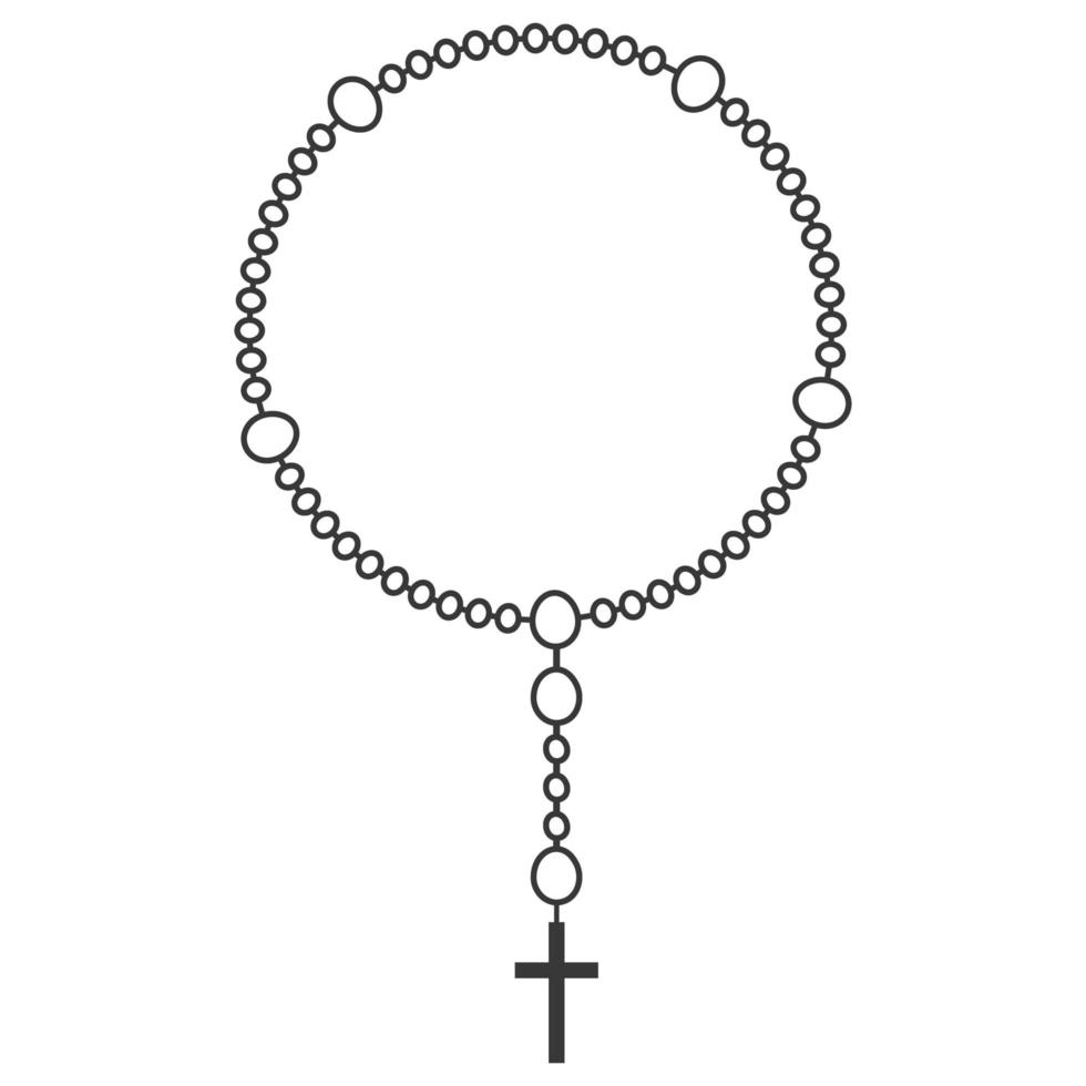Rosary beads line illustration. Prayer jewelry for meditation. Catholic chaplet with a cross. Religion symbol. Vector