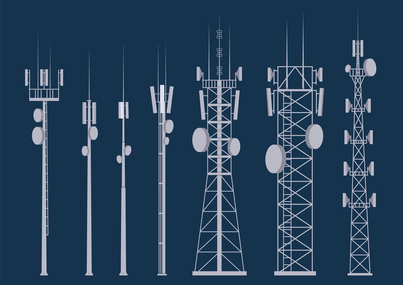 torre celular de transmisión. antenas de comunicaciones móviles y de radio para conexiones inalámbricas. conjunto de ilustraciones vectoriales de contorno vector