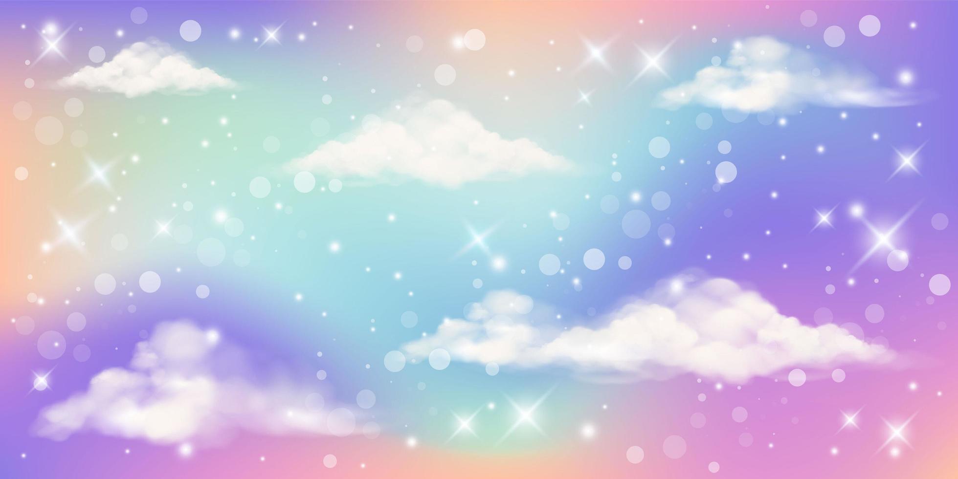 Fondo de unicornio arcoíris de fantasía holográfica con nubes y estrellas. cielo de color pastel. paisaje mágico, patrón fabuloso abstracto. lindo fondo de pantalla de dulces. vector. vector