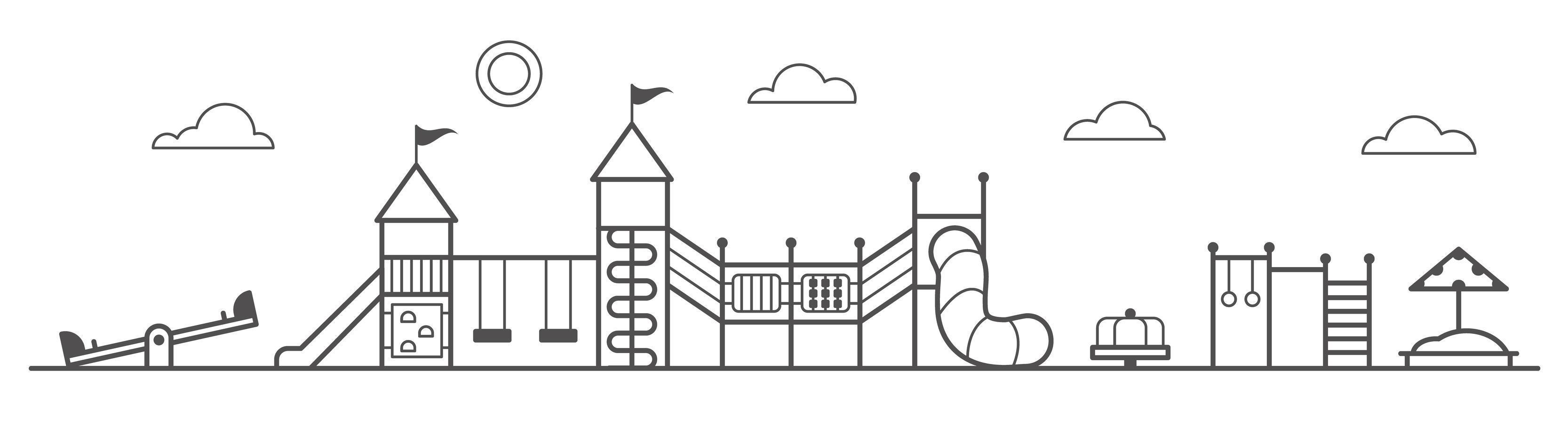 Playground for children. Landscape of park with swing, rides, sandbox and slide. Outline vector illustration.
