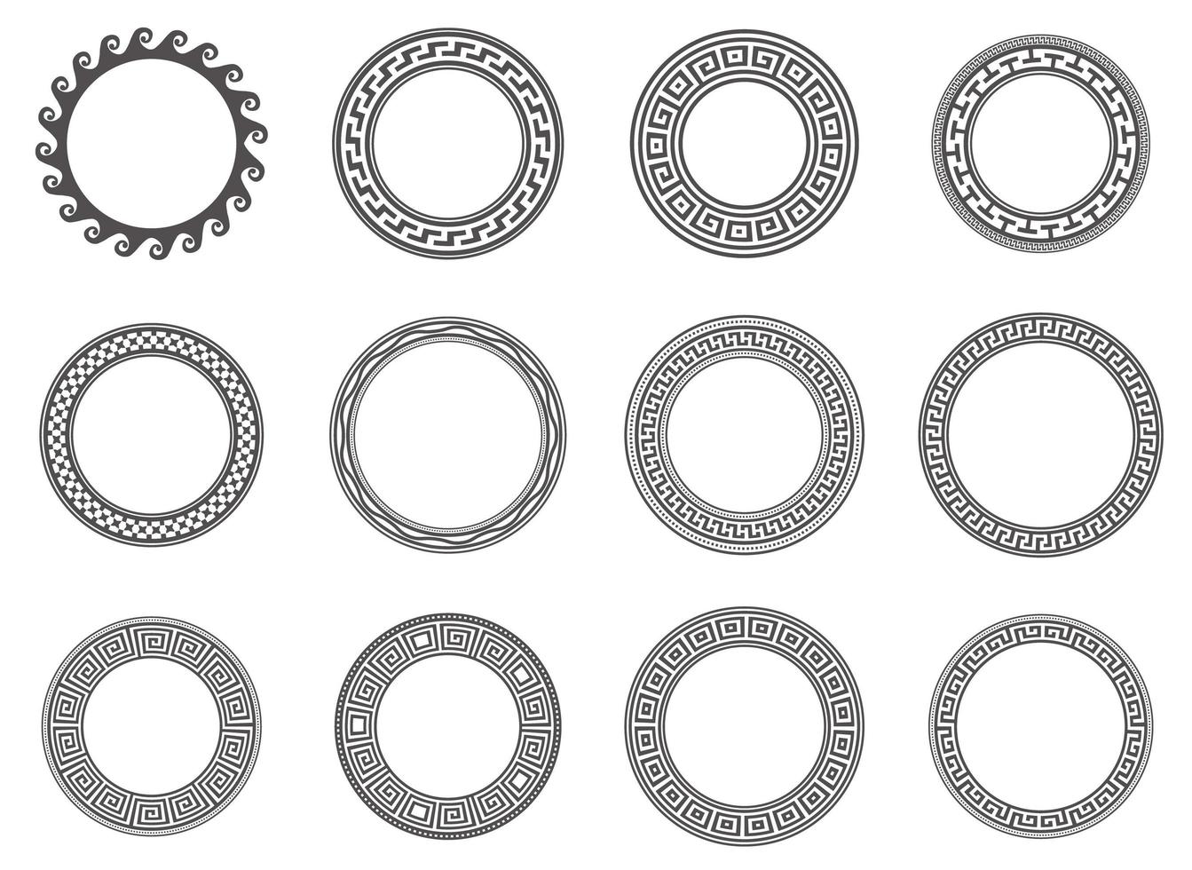 Circle greek frames. Round meander borders. Decoration elements patterns. Vector illustration isolated on white background.