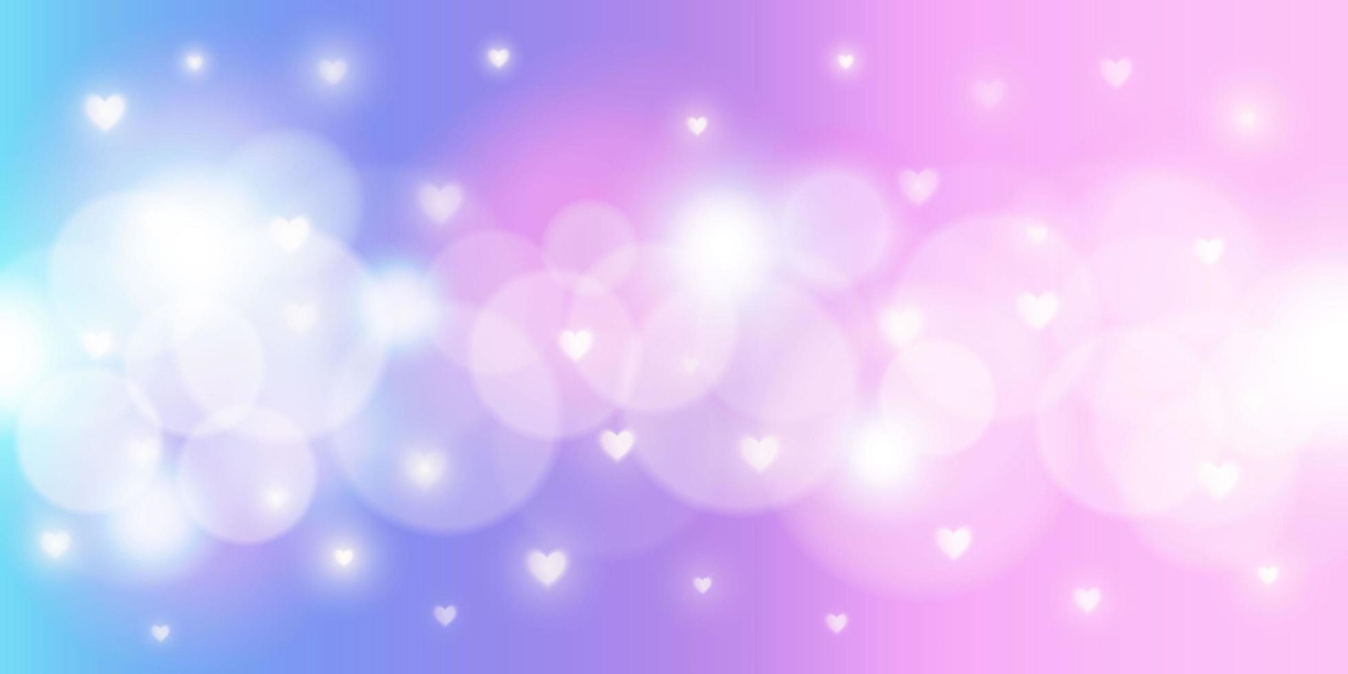 Fondo de fantasía de arco iris. Ilustración holográfica en colores pastel. cielo unicornio multicolor con estrellas, corazones y bokeh. vector
