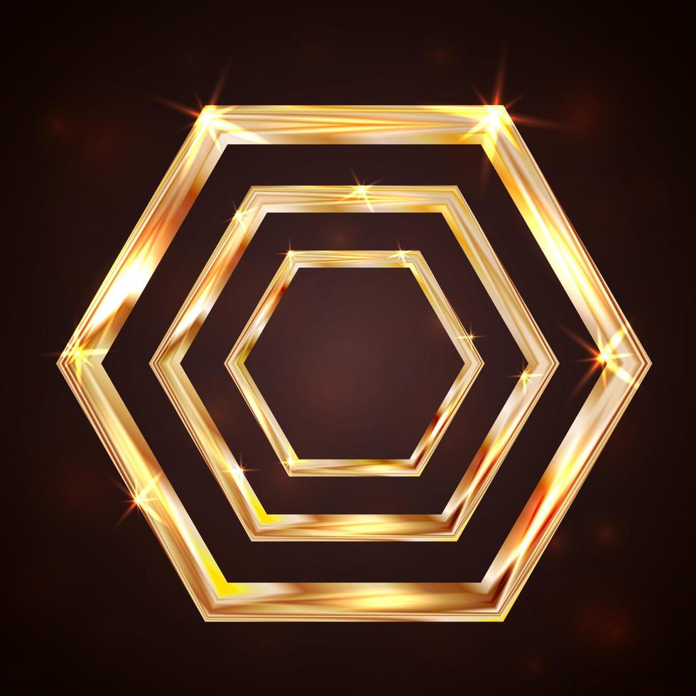 Bright golden hexagon on a dark background. Luxury vector illustration. Easy to edit design template for your business projects.