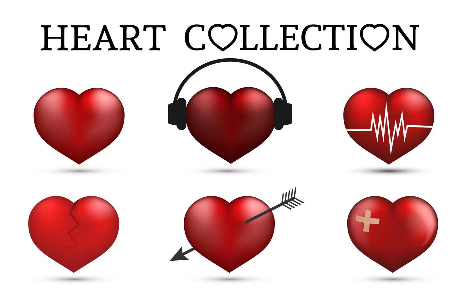 Red heart collections. Set of six realistic hearts isolated on white background. 3d icons. Valentine s day vector illustration. Love story symbol. Easy to edit design template.