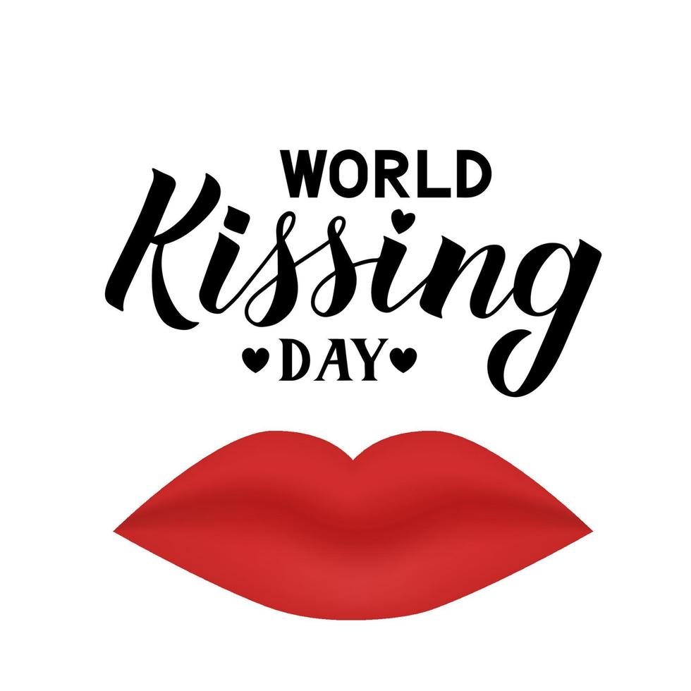 Kissing day hand lettering with red lips isolated on white. Easy to edit template for typography poster, banner, sticker, flyer, badge, t-shot, etc. vector