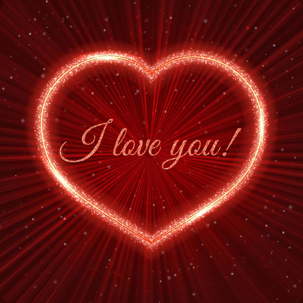 I love you Red Valentine s day greeting card with sparkling heart on shiny rays background. Romantic vector illustration. Easy to edit design template.