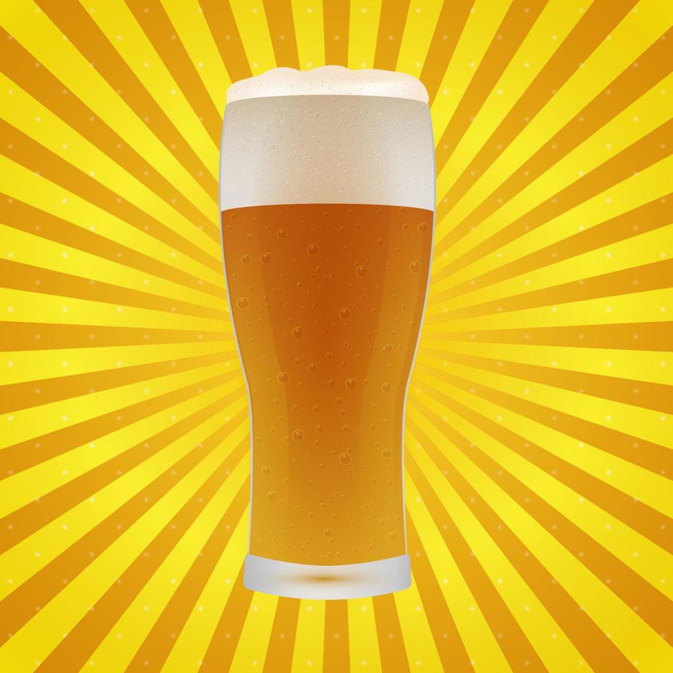 Realistic glass of beer on yellow and orange pop art background. Light lager beer froth and bubbles. Retro vector illustration. Oktoberfest theme.