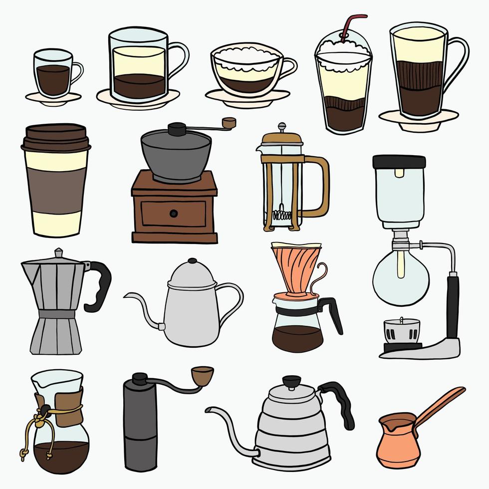 doodle freehand sketch drawing of coffee equipment collection. vector