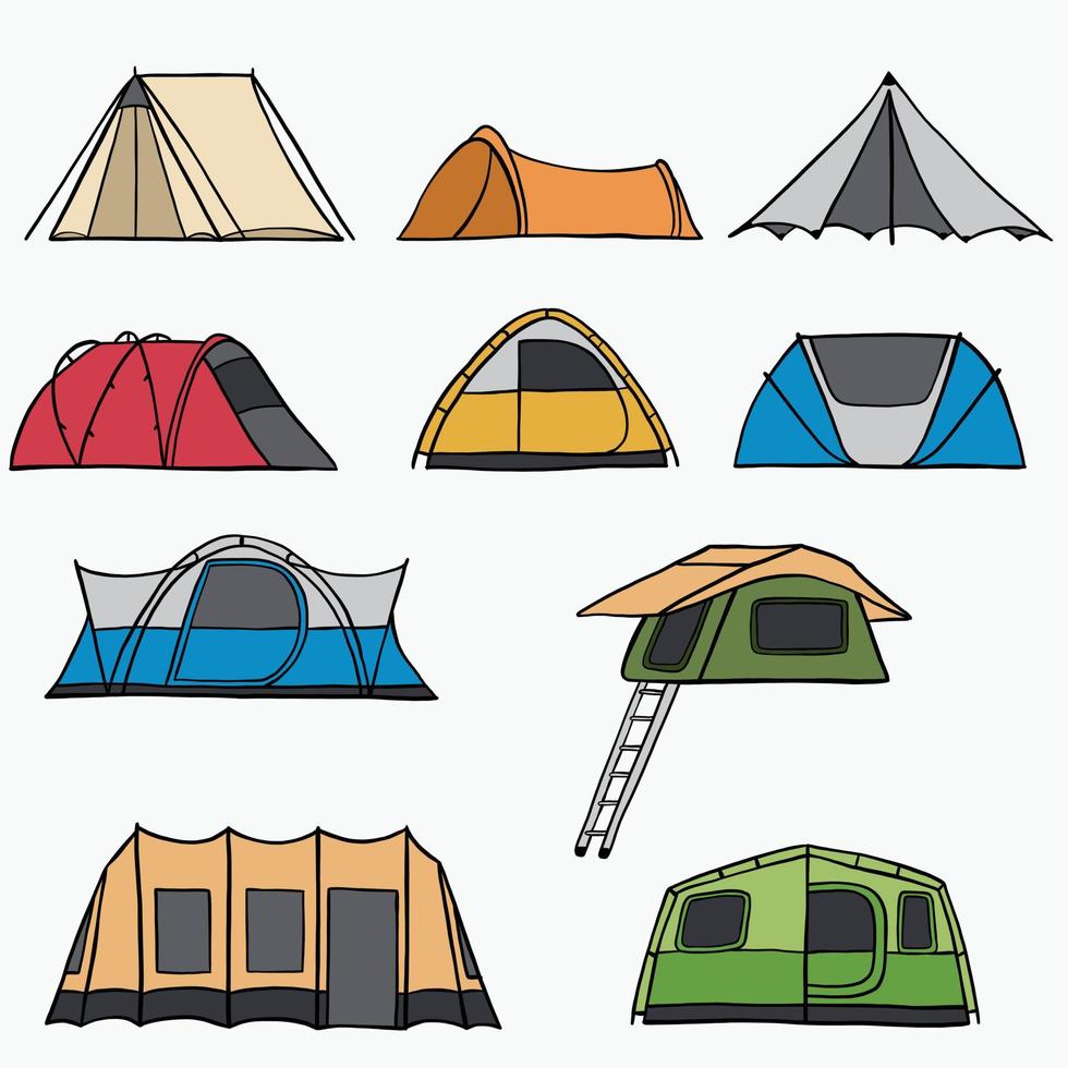 camping tent outline doodle drawing on white background. vector