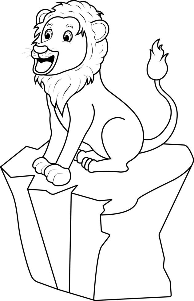 un león alegre y lindo se sienta en una roca. página para colorear de los niños vector