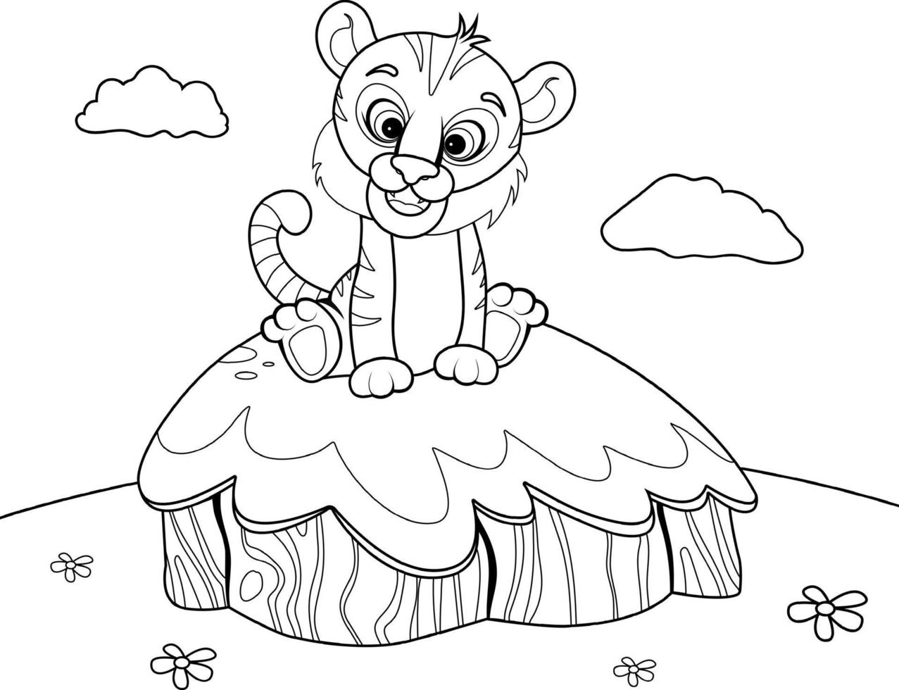 Coloring page. Cute tiger on a little island in cartoon style. Children's illustration vector